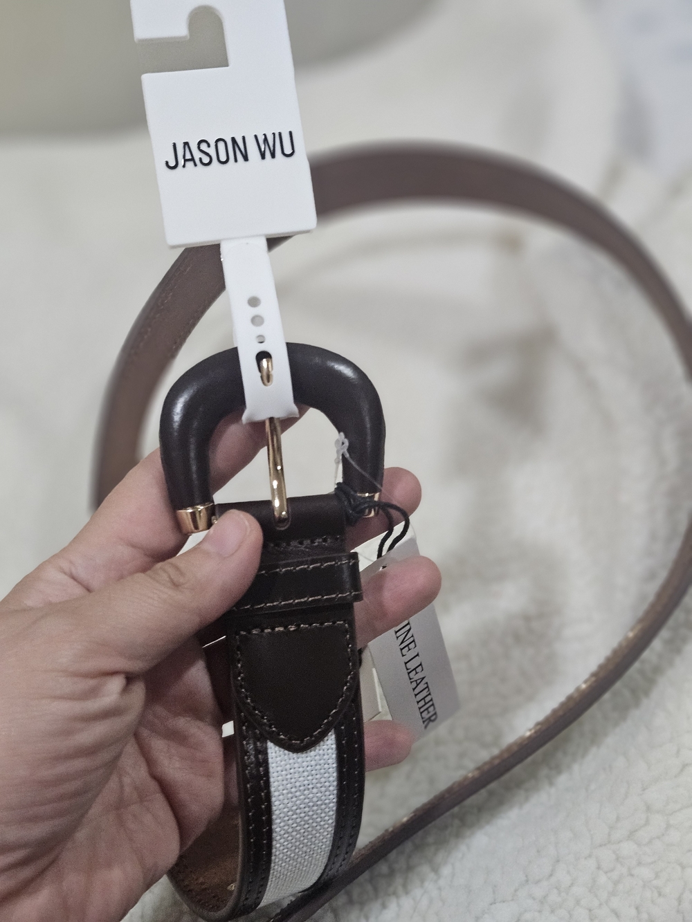 Jason Wu Men’s Brown Leather Belt with White Canvas Inlay